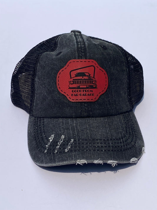 Distressed Ponytail Velcro Trucker Hat - Black/Black