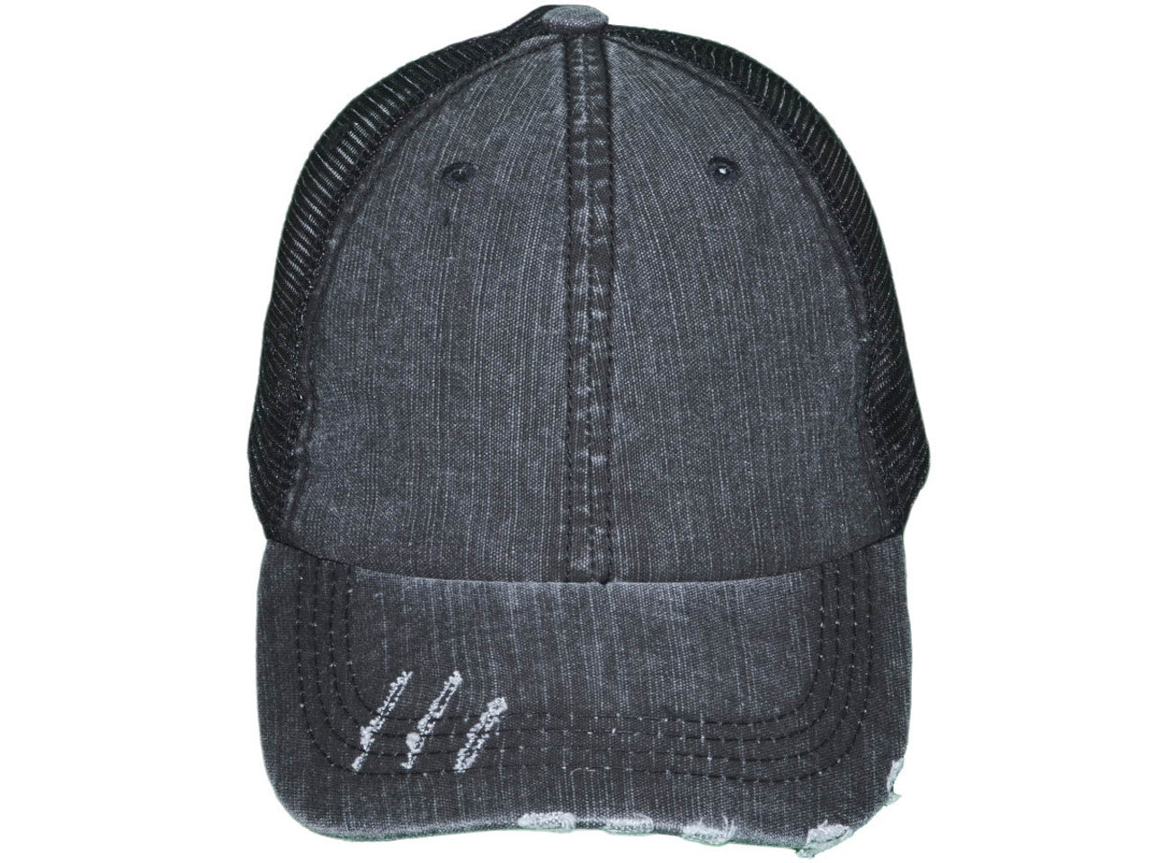 Distressed Ponytail Velcro Trucker Hat - Black/Black